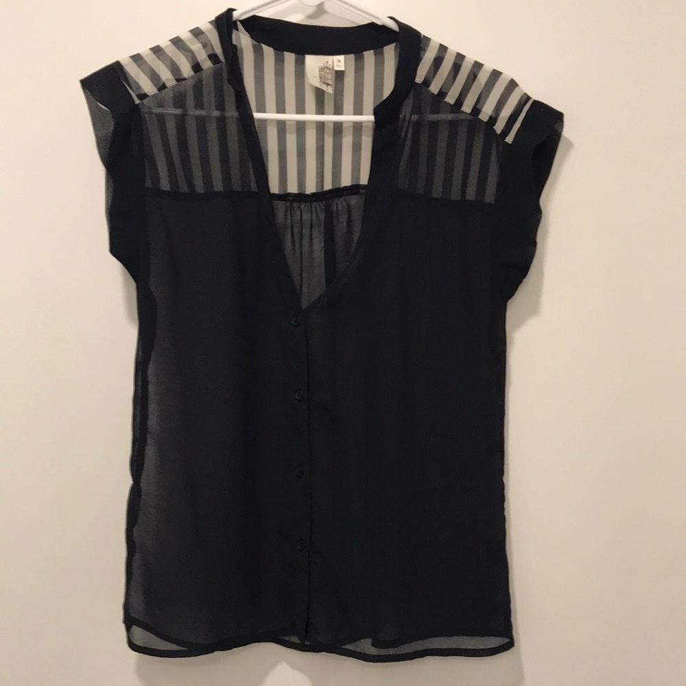 Navy blue sheer button down with stripe details